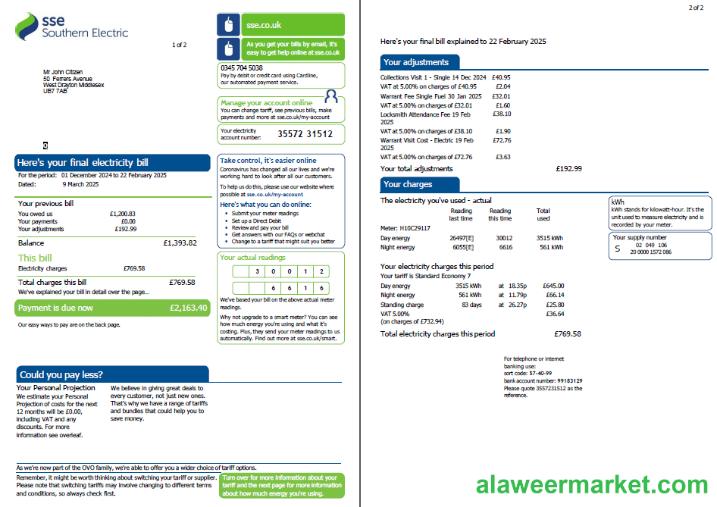Scotland SSE utility bill template in Word and PDF formats, 2 pages